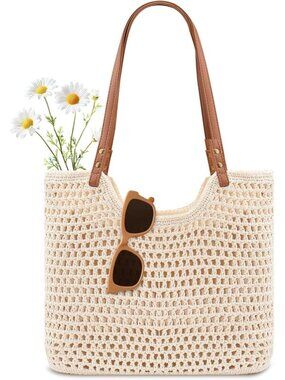 Women's Beige Summer Tote Bag Boho Shoulder Bag With Leak Proof Lining Vacation